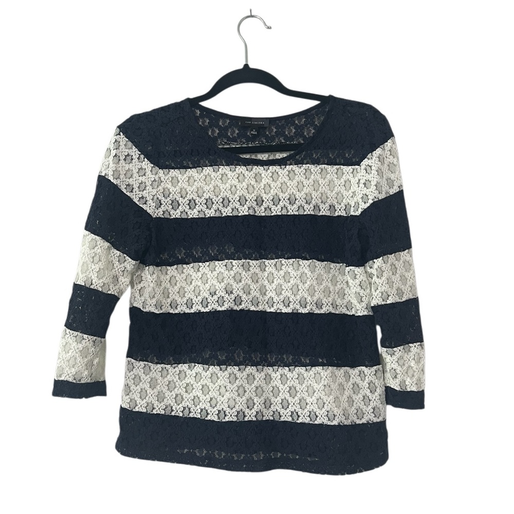 The Limited Lace Striped Navy Blue White Sheer Shirt